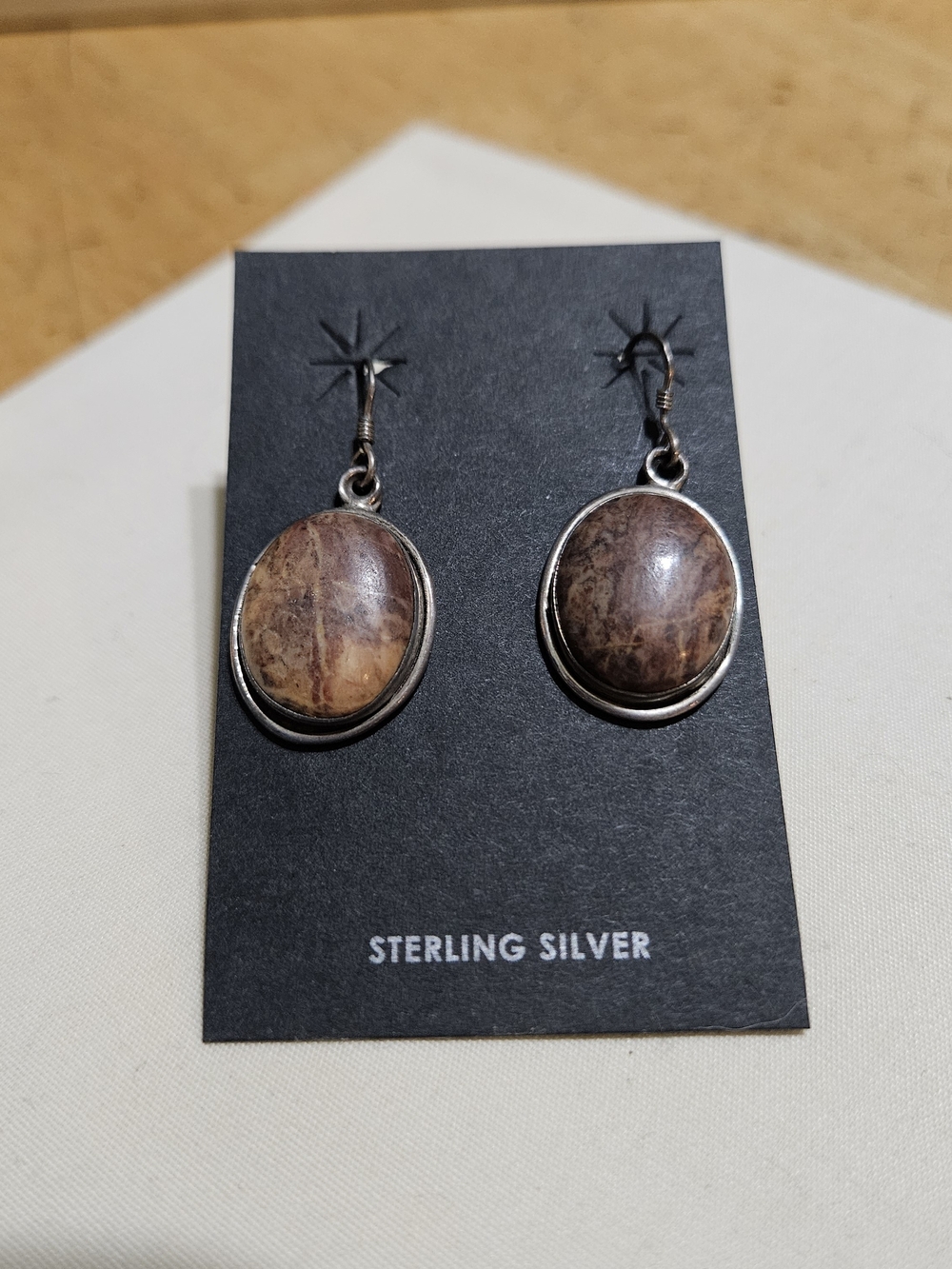 Sterling Silver Brown Jasper Oval Dangle Earrings